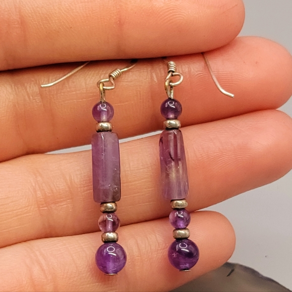 Sterling Silver Amethyst Gemstone Beaded Dangle Earrings - Picture 4 of 5